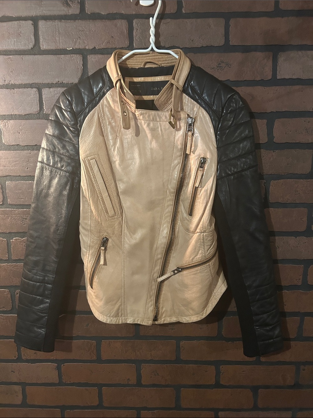 Zara Two-Tone Leather Moto Jacket in Beige and Black